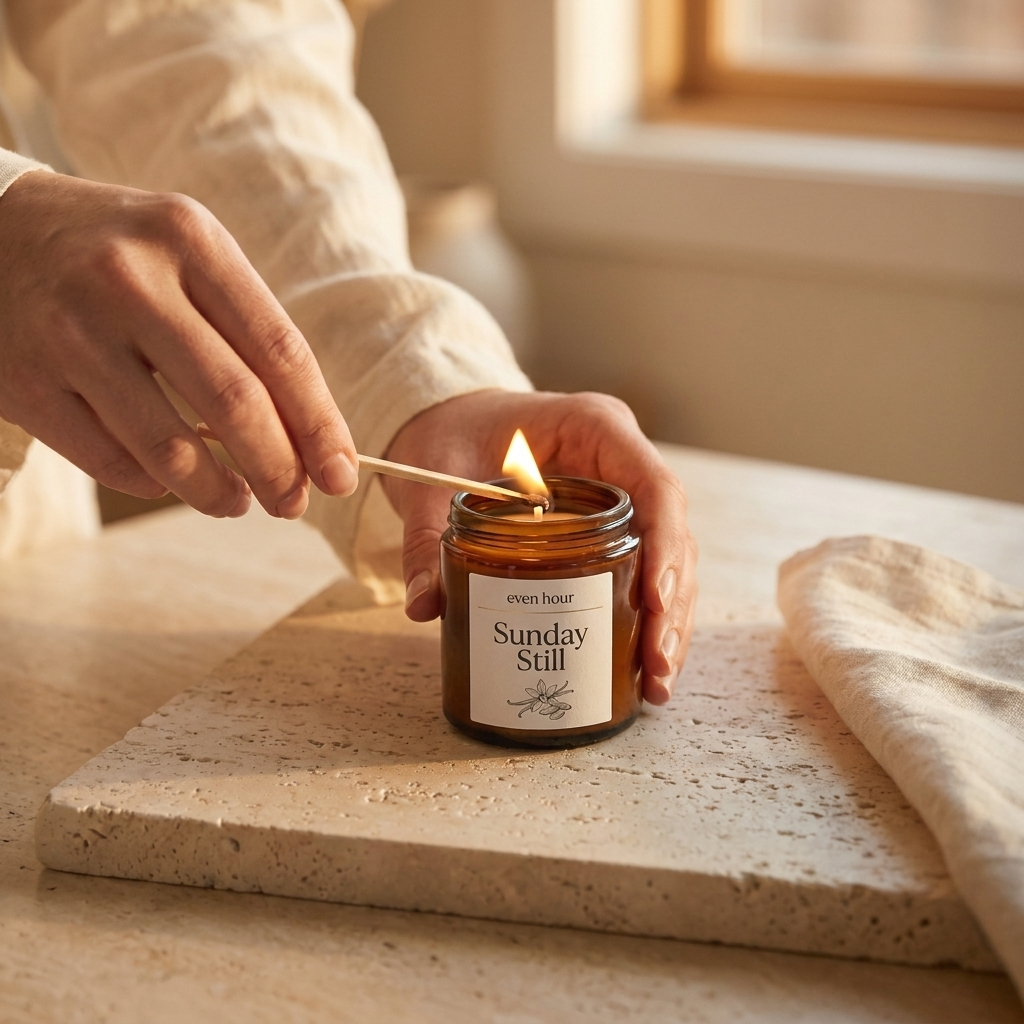 Hands lighting an Even Hour candle in a warm home setting